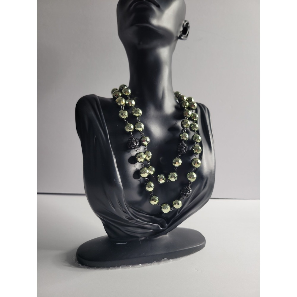 Green Faceted Bead Necklace AB Aurora‎ Borealis Black Rhinestone Long Necklace